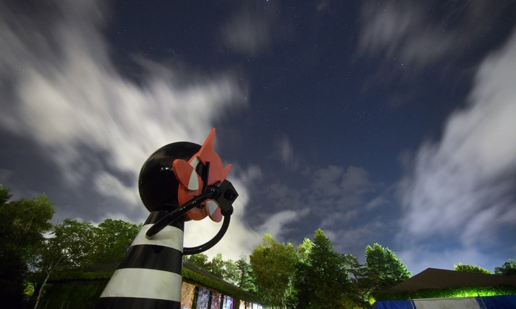 ダミアン・プーランの作品「猫も杓子も」と星空。巨大な猫の彫像キャットグラファーの下に行くと自動撮影してくれる ©牛山 俊男