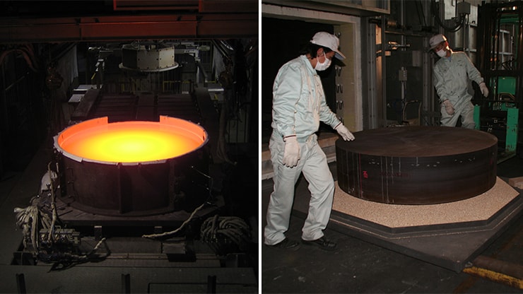左／クリアセラム-Zの原料熔解直後の炉のようす。熔解時の最高温度は1590℃ ©オハラ 右／アニール（除冷）を経て、800℃以下で結晶化したクリアセラム-Zを炉から出す様子 ©オハラ