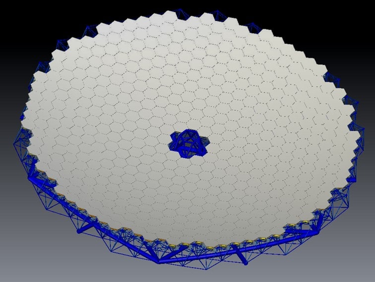 TMTの主鏡の概念図。直径1.44mの六角形のクリアセラム-Zに金属膜を蒸着し、鏡にしたものを492枚つなぎ合わせて、口径30mの主鏡を実現している。総質量は2200tにもなる。六角形になっているのは、各鏡を隙間なく並べるため。 ©National Astronomical Observatory of Japan