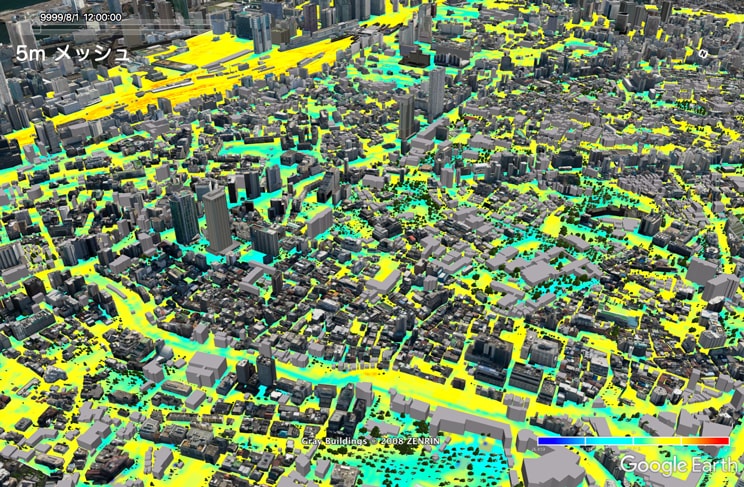 筑波大の日下研と共同研究中の都市における風と気温の予報画面。温度分布はビルの影なども換算して出すという。「5ｍ間隔の細かいメッシュで算出エンジンを走らせ、それを実際の観測データと照らして合っているかの検証を今年の夏に行っています」（浅田さん）