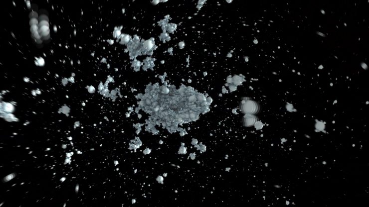 ダストの衝突合体成長 ©和田浩二・陶山 徹・田中秀和（シミュレーション）, 長谷川 鋭（可視化），国立天文台4次元デジタル宇宙プロジェクト