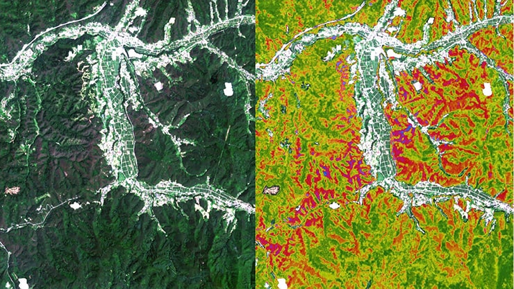 GRUS衛星撮影イメージ（左：トゥルーカラー、右：NDREカラー・植生の活性度別に色分けしたもの） ©European Space Agency – ESA produced from ESA remote sensing data 