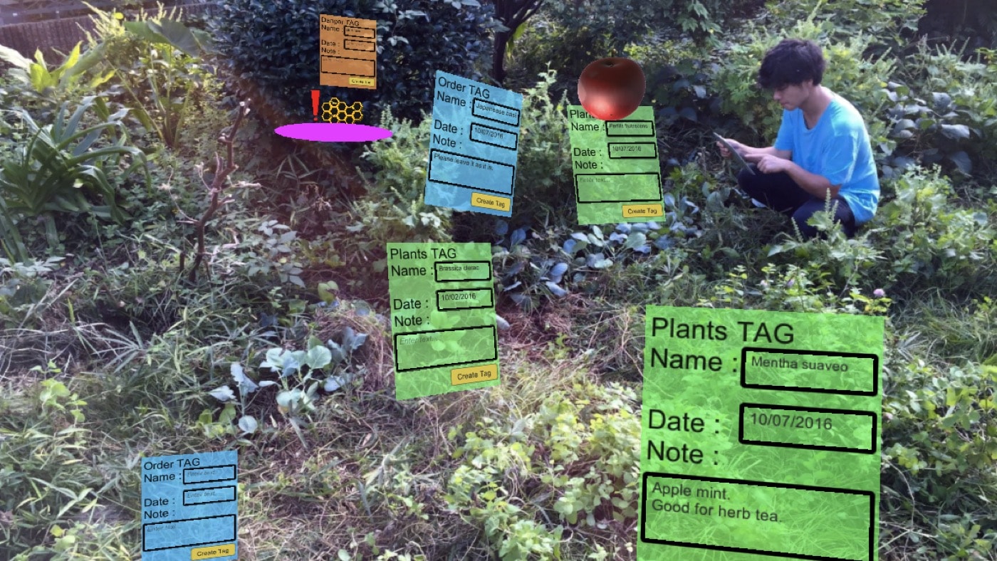 ARをインタフェースに用いた表示の例。多様な植生の上に各種情報をタグ付けできる （画像提供：舩橋真俊氏）