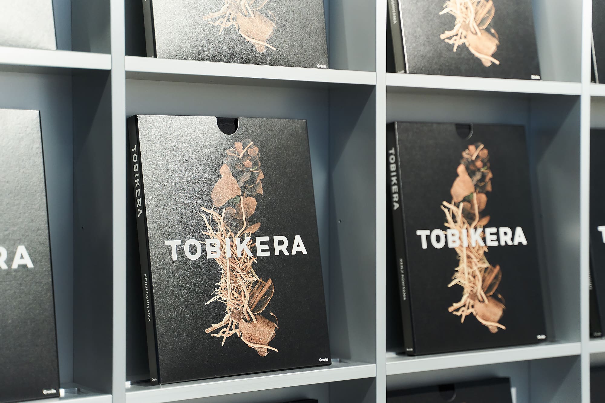 小檜山賢二の写真集『TOBIKERA』（ブックデザイン：佐藤 卓）。被写体のすべてにピントを合わせた独自の撮影技法でトビケラの巣を捉えた