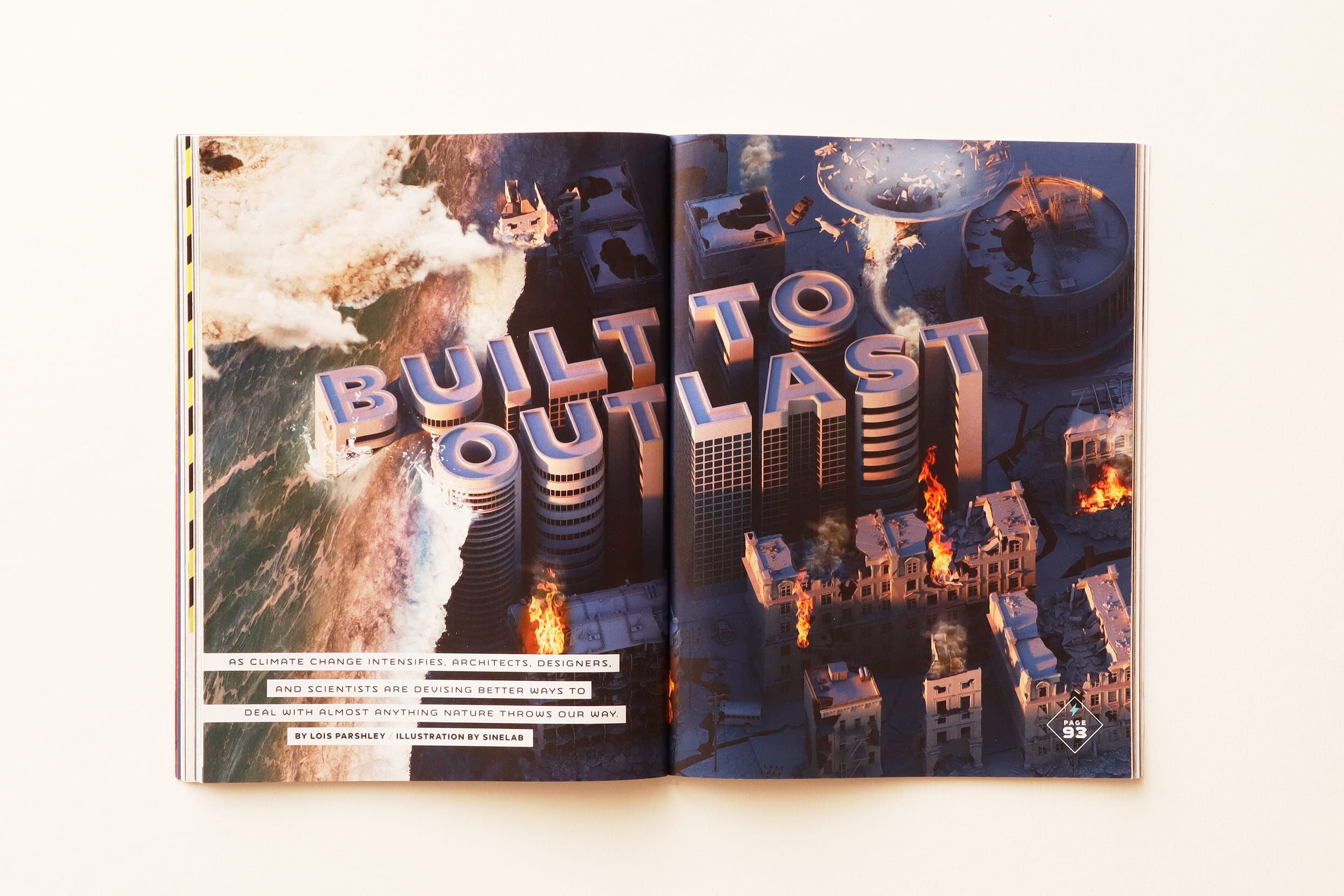 2018年冬号「危険」特集に掲載された、耐久性についての記事。自己修復コンクリート、トルネード発生に備えた家屋、日本の高層建築の免震技術などを紹介 （複写撮影：NATURE &amp; SCIENCE）