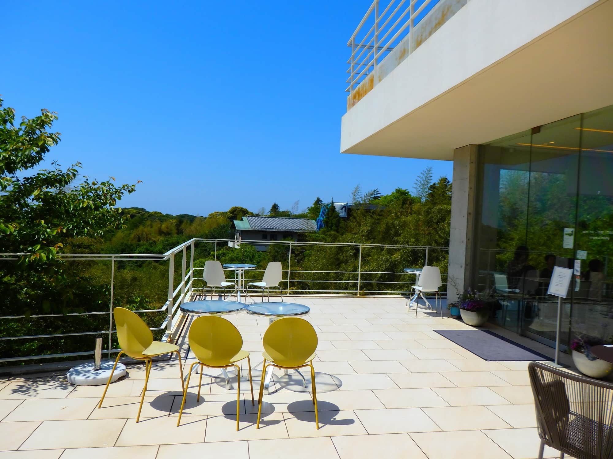 上質なケーキがいただける絶景カフェ「ルミリュウ」のテラス席。鎌倉三大緑地の1つ、鎌倉広町緑地の豊かな緑が望めます