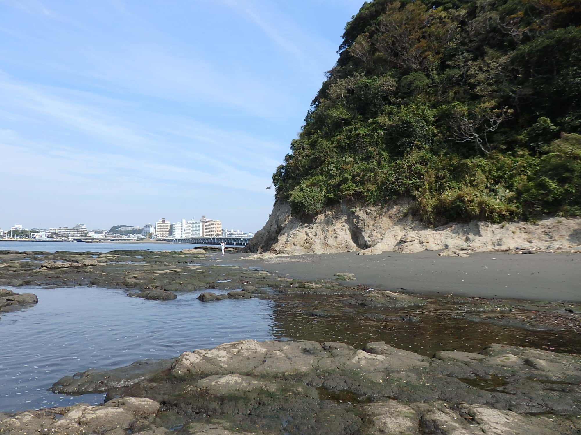 小さなプライベートビーチのような西浦。干潮時には磯が現れ、潮だまりに魚やヤドカリが見つかる
