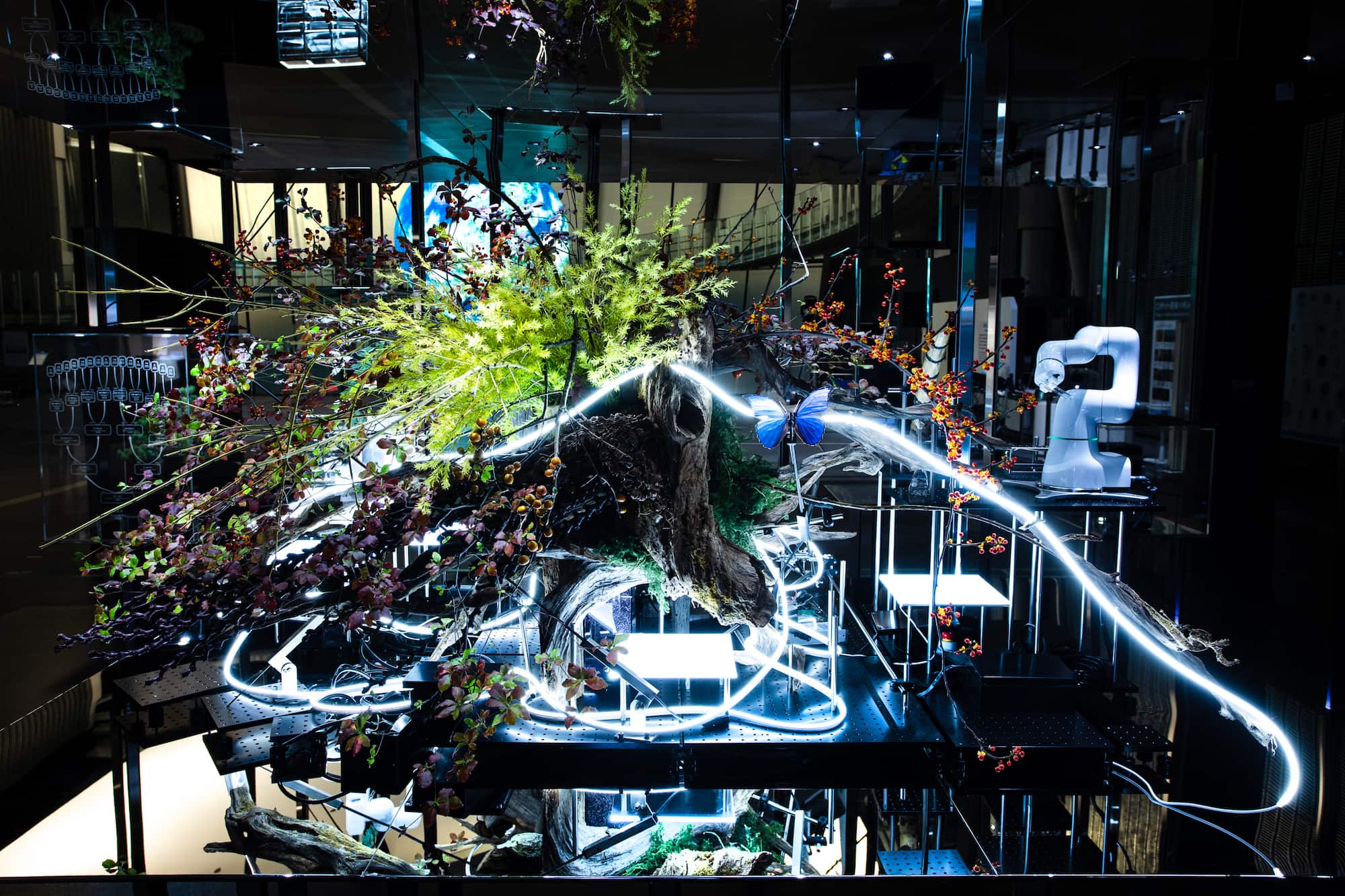 シンボル展示「計算機と自然」。人工物と自然物が融合したさまが表現されている。月替わりで華道家の辻 雄貴さんが生ける自然物の中に、印刷によって精巧に再現された蝶や、落ち葉を拾うロボットアームなどの人工物がひそむ。未来にあふれているかもしれない、自然と人工物が混在した世界を直感的に体感できるようになっている いけばな：辻 雄貴（辻雄貴空間研究所） （写真提供：日本科学未来館）