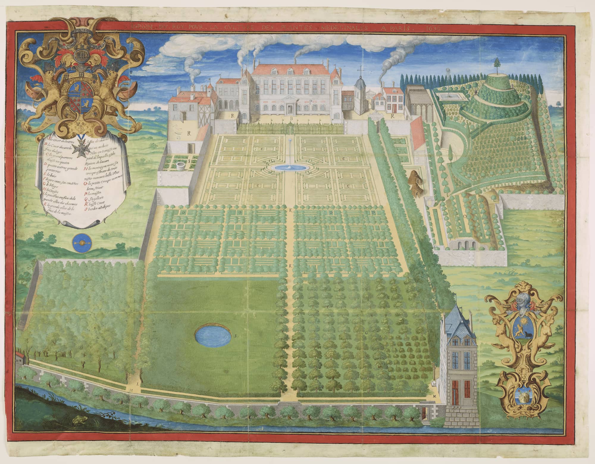 フレデリック・スカルベルジュが描いた水彩画『庭園とキャビネ デュ ロワの眺め』（1636年）。フランス国立自然史博物館（MNHN）の歴史は1635年にルイ13世が創設した「王立薬草園」にさかのぼる Frédéric Scalberge (1542-1640). View of the Garden and the Cabinet du Roi (1636), watercolor on vellum © Muséum national d’Histoire naturelle